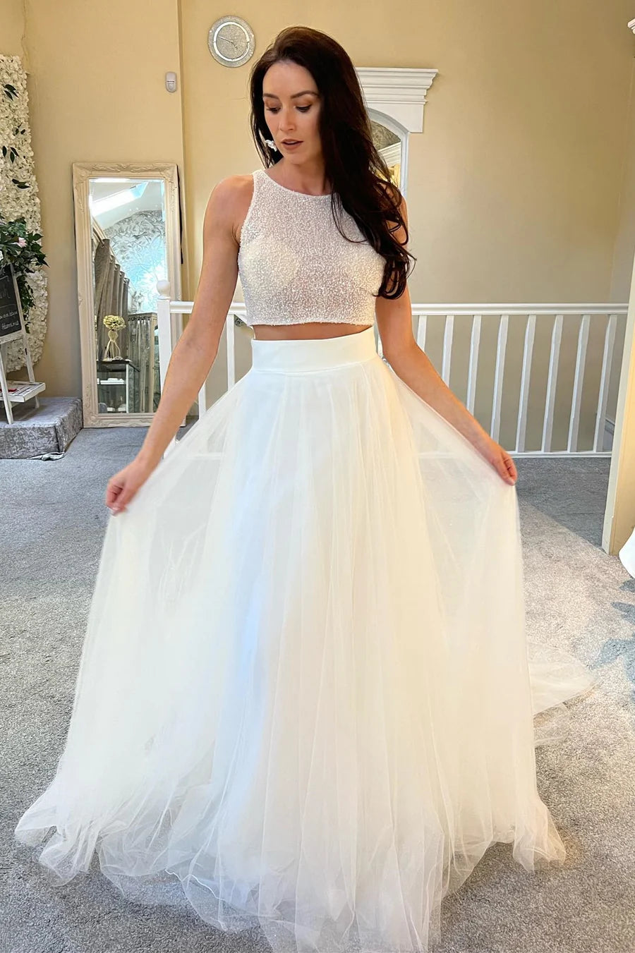 Vestido de novia largo de dos piezas con cuentas y tul en corte A